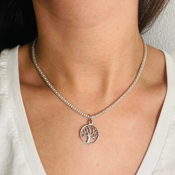 Tree Pendant Charm Chain Choker Sterling Silver Necklace - Picture 1 of 6